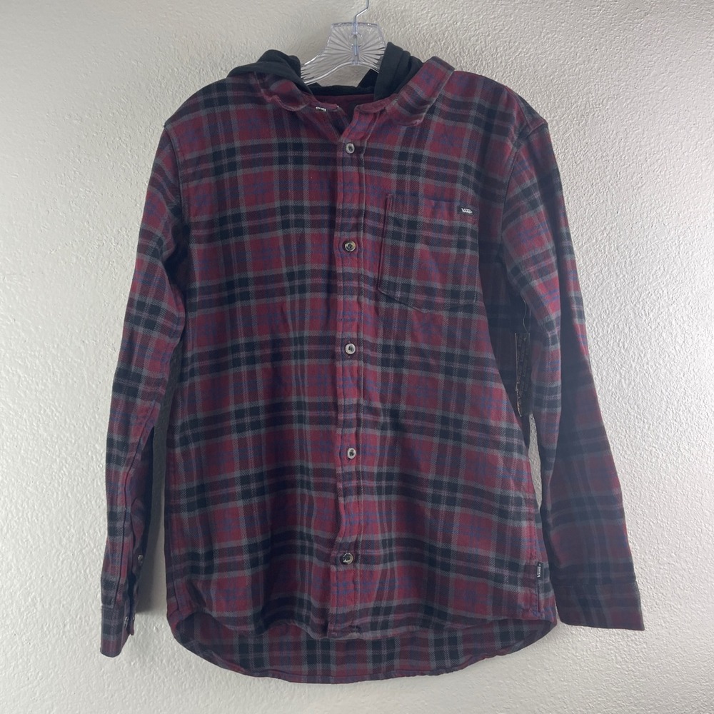 Vans Hooded Plaid Flannel Shirt Kids XL Burgundy Red Black VN000JJ4QU Skater